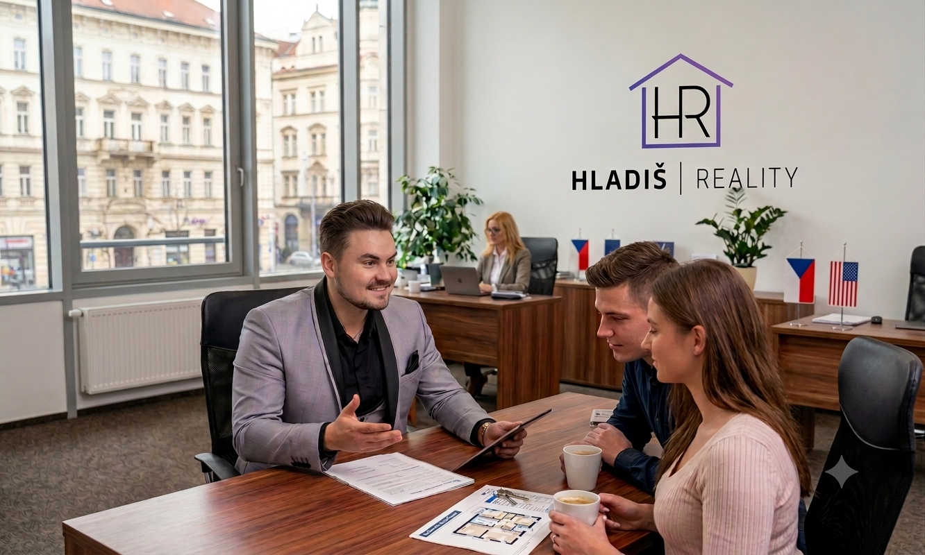 Mladý pár konzultuje možnosti hypotéky a koupě bytu s realitním makléřem Filipem Hladišem